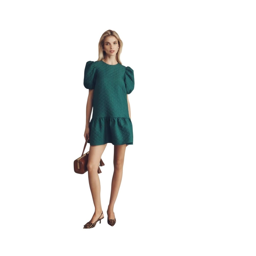 Maeve Anthropologie Teal Green Quilted Puff Sleeve Mini Dress Size M Drop‎ Waist